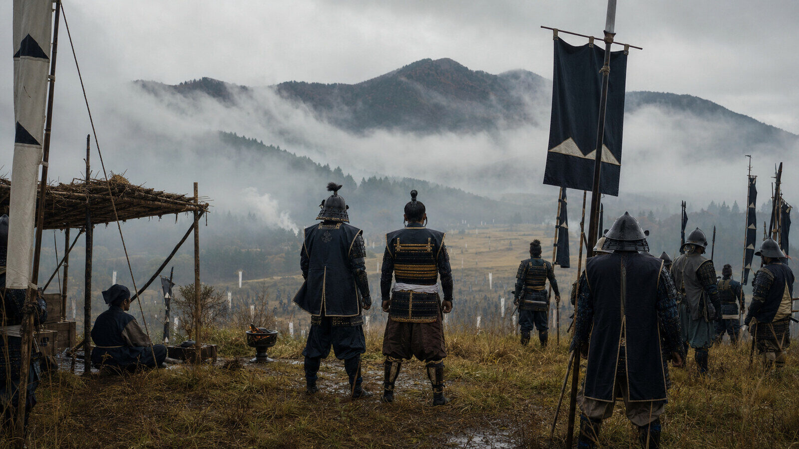 霧の関ヶ原で松尾山を望む東軍本陣の実写調イメージ