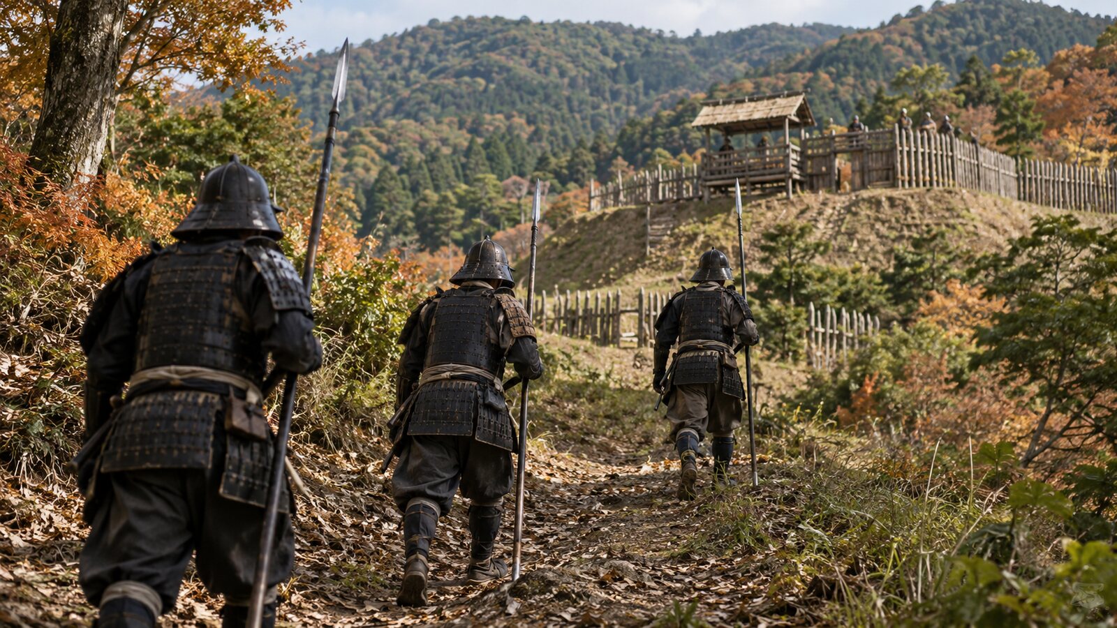 松永方の支城攻めを題材にした兵の想像図。片岡城の遺構や攻撃経路を復元した画像ではない（AI生成イメージ）