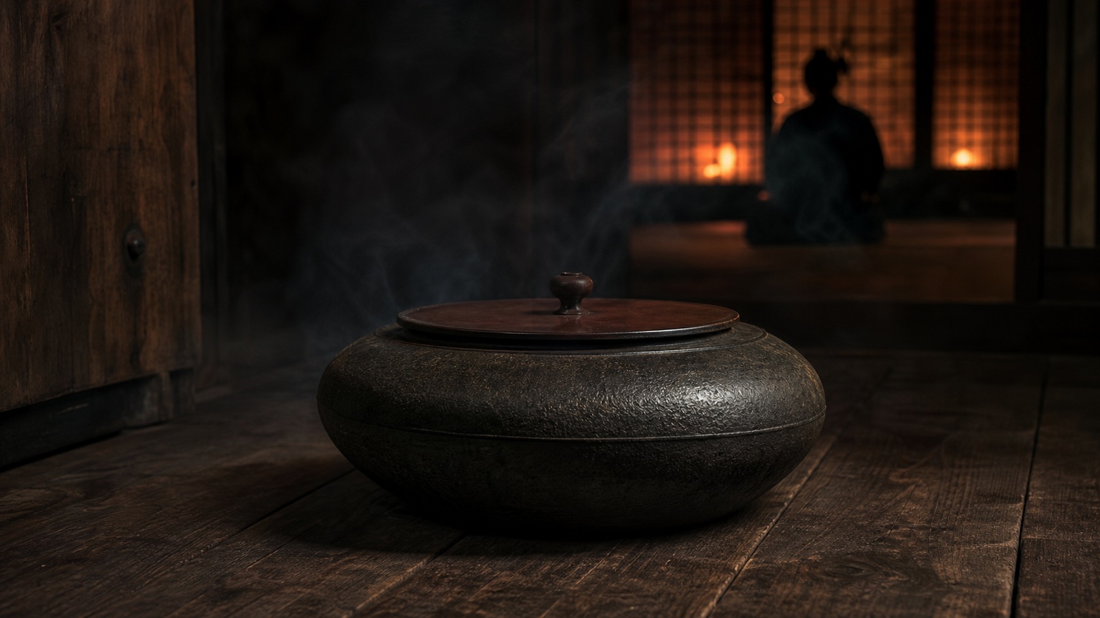 平蜘蛛茶釜と炎の静謐な情景の実写調イメージ