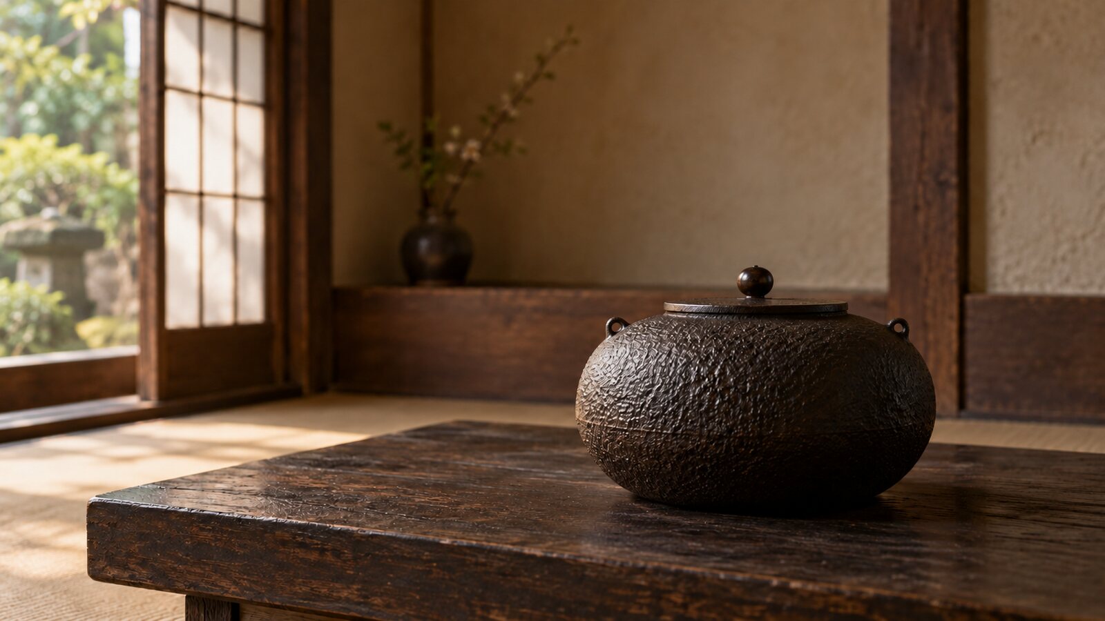 平蜘蛛の話を読むための茶釜の想像図。失われた名物そのものの形状を復元したものではない（AI生成イメージ）