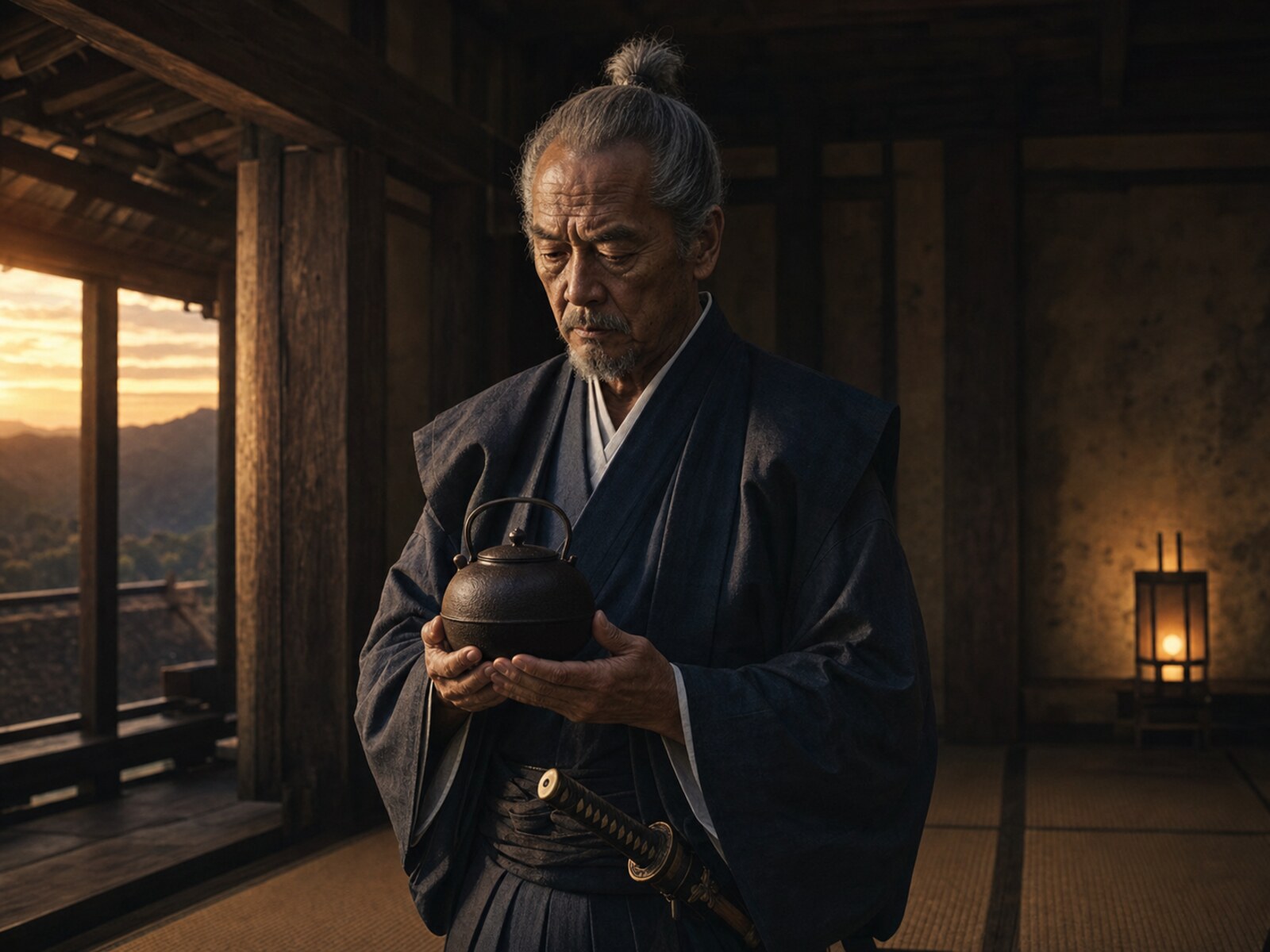 信貴山城の本丸で平蜘蛛茶釜を手に、最期の政治的賭けの決意を固める松永久秀七十歳の実写調イメージ（AI生成イメージ）