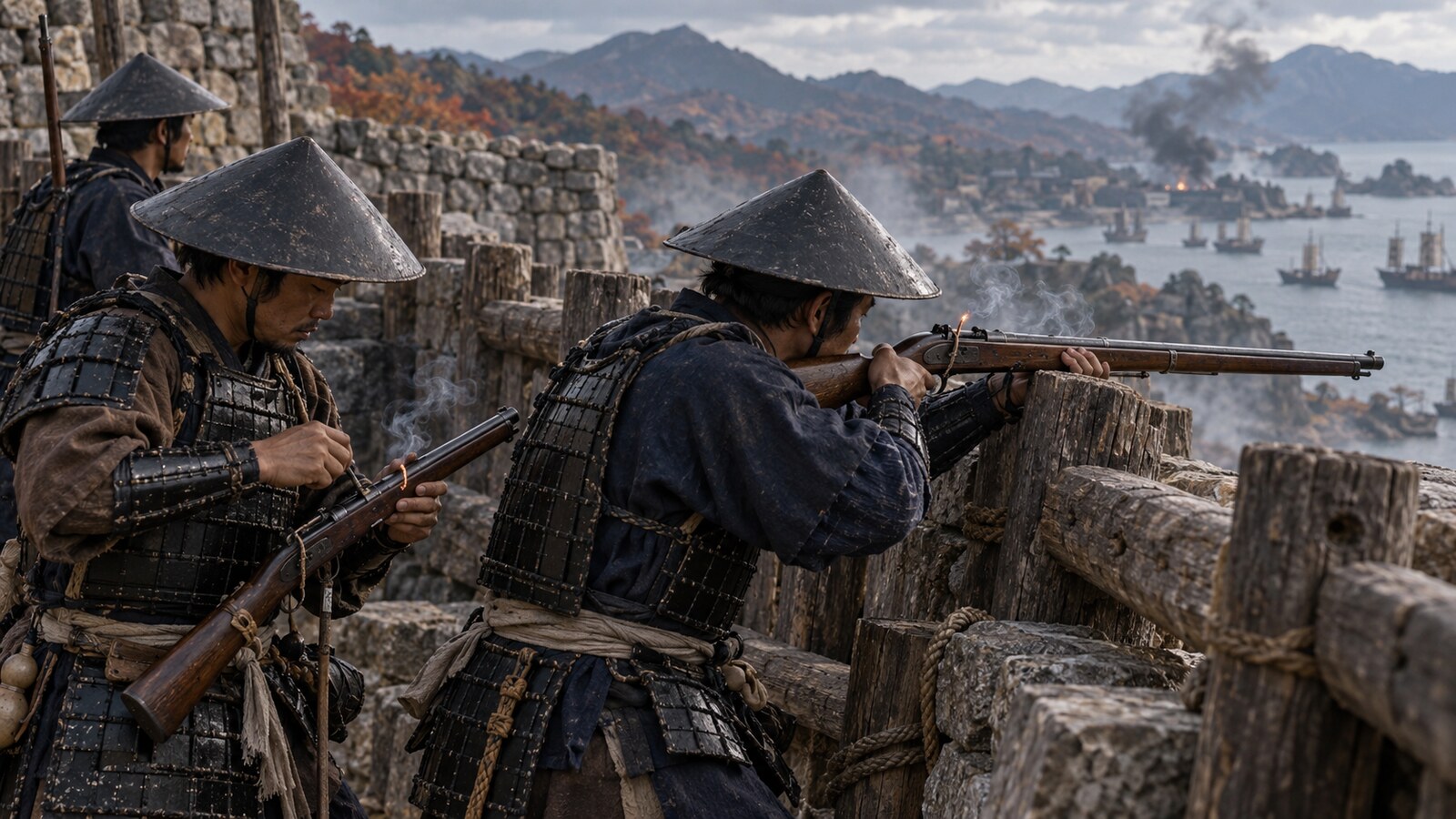 木柵の陰で火縄銃を扱う島津軍の兵を描いたAI生成イメージ。射撃隊形の復元ではない