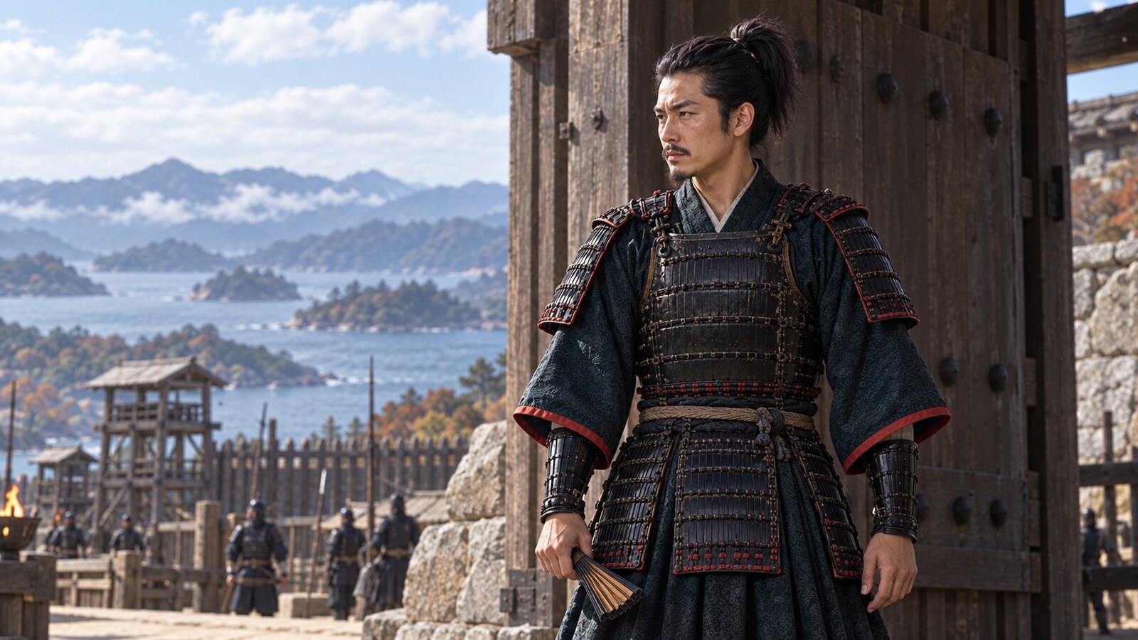 泗川の陣中に立つ若い島津忠恒のAI生成の想像図。特定の瞬間を再現したものではない