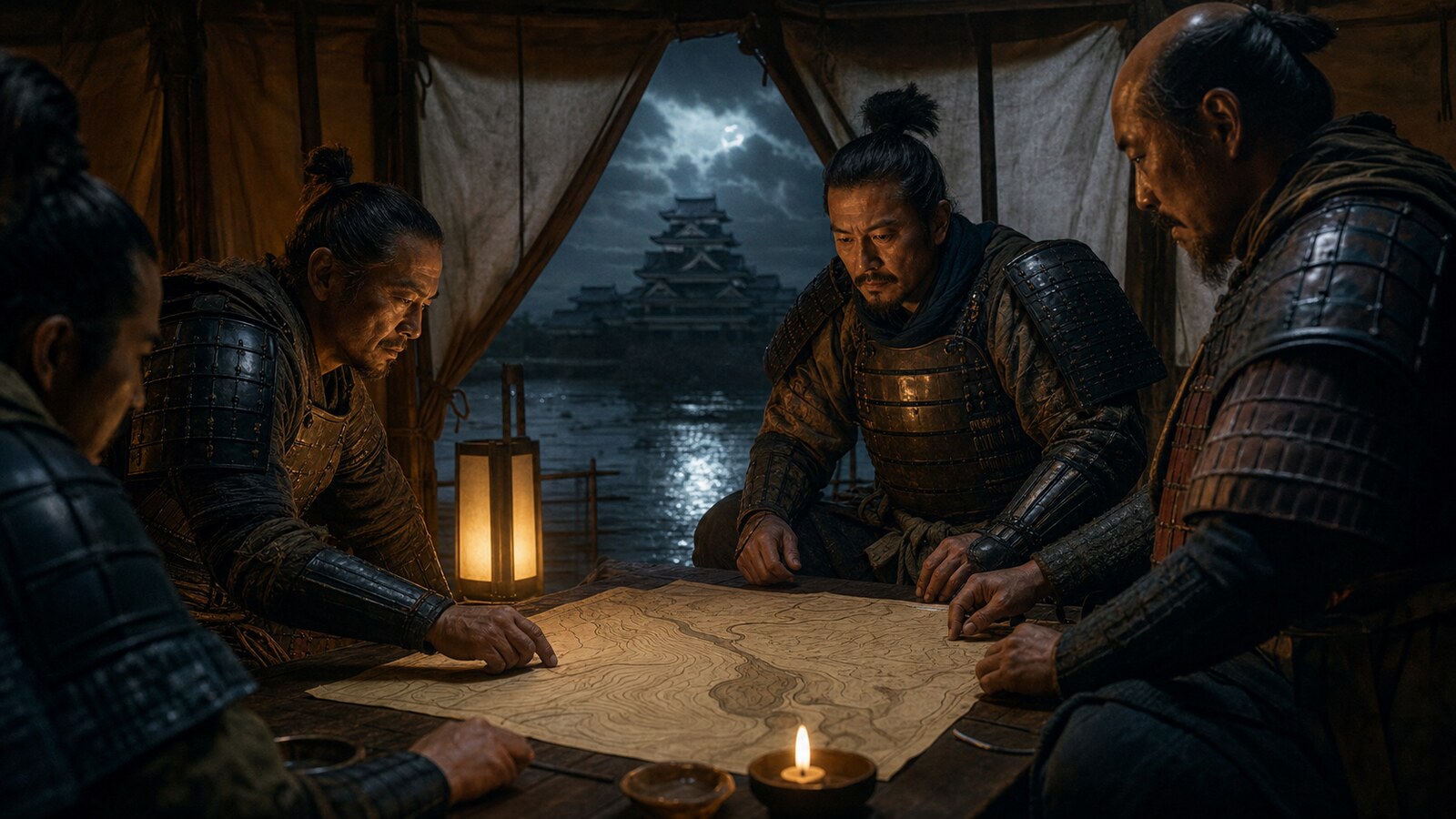 本能寺の変の報せを秘し、湖上の城をめぐる和睦交渉が緊迫する備中の陣営。実写調イメージ