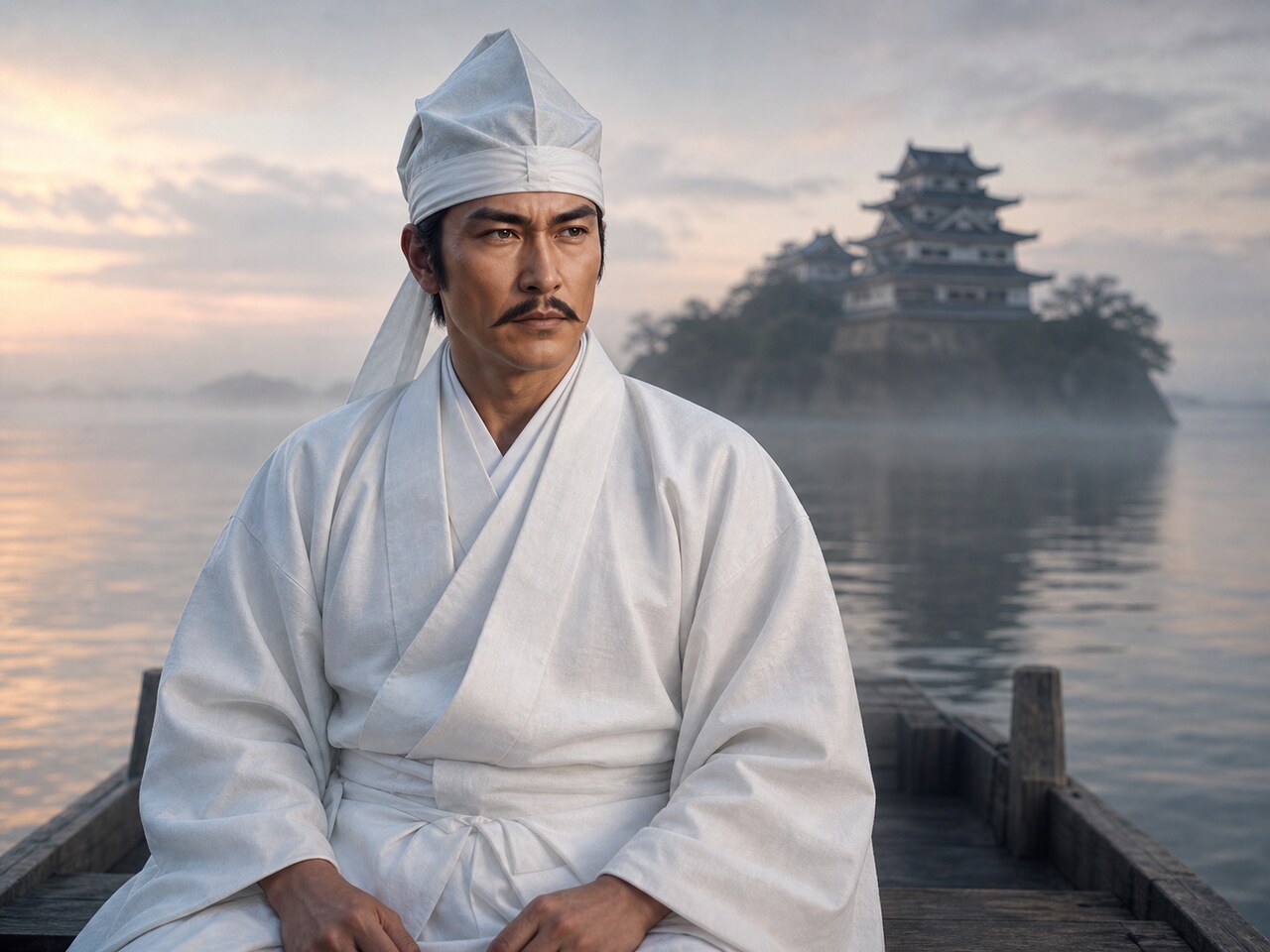 城兵の助命と引き換えに、城外の舟上で辞世を残し最期の覚悟を定める城将・清水宗治のイメージ