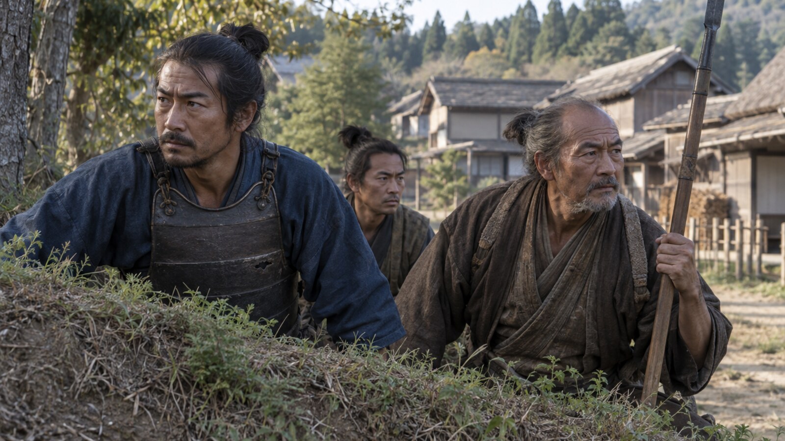 村の土塁で周囲を見張る伊賀の地侍たち。特定人物や史跡の復元ではないAI生成イメージ