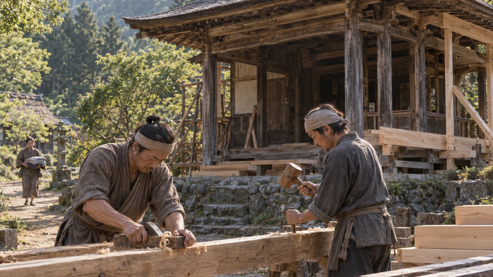 傷んだ木造寺院を修繕する人々。乱後の復興を表すAI生成イメージで、特定人物の行動の再現ではない