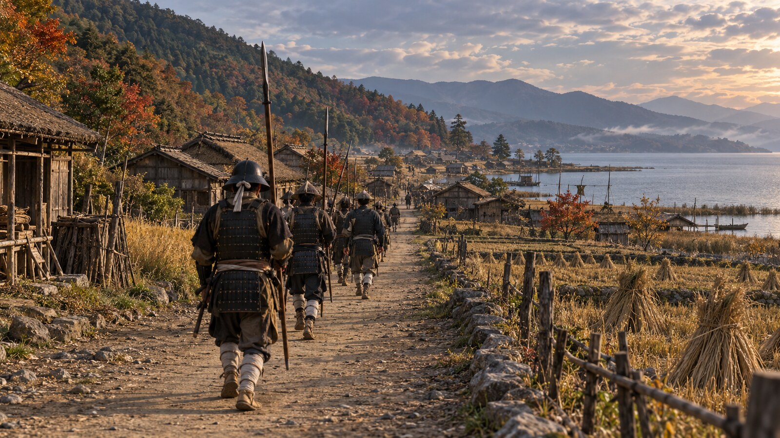 坂本方面へ進む軍勢と湖岸の道を描いたAI生成の想像図。実際の進軍路や町並みの復元ではない
