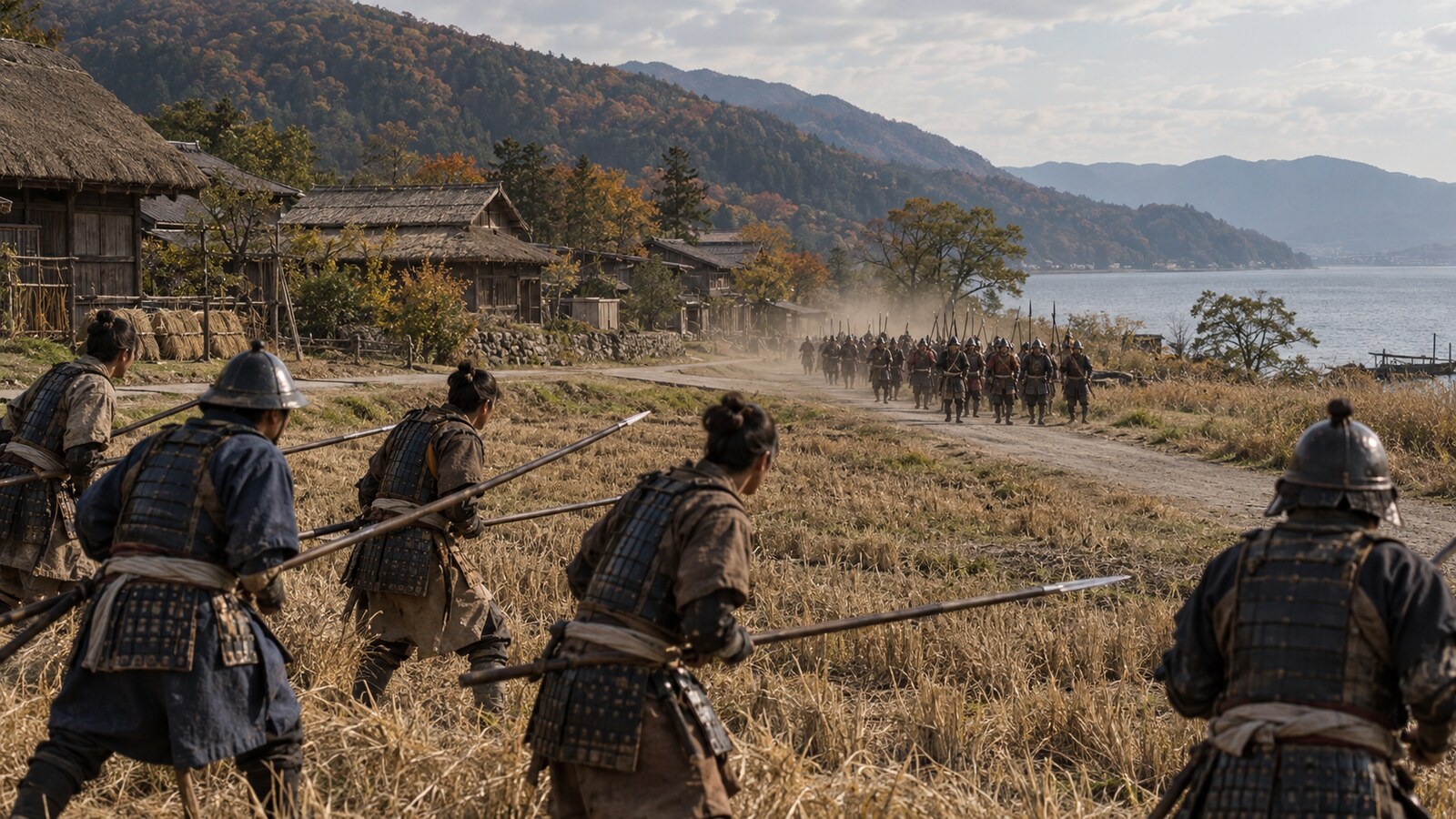 坂本の町外れで向き合う両軍を描いたAI生成の想像図。兵数と布陣を再現したものではない