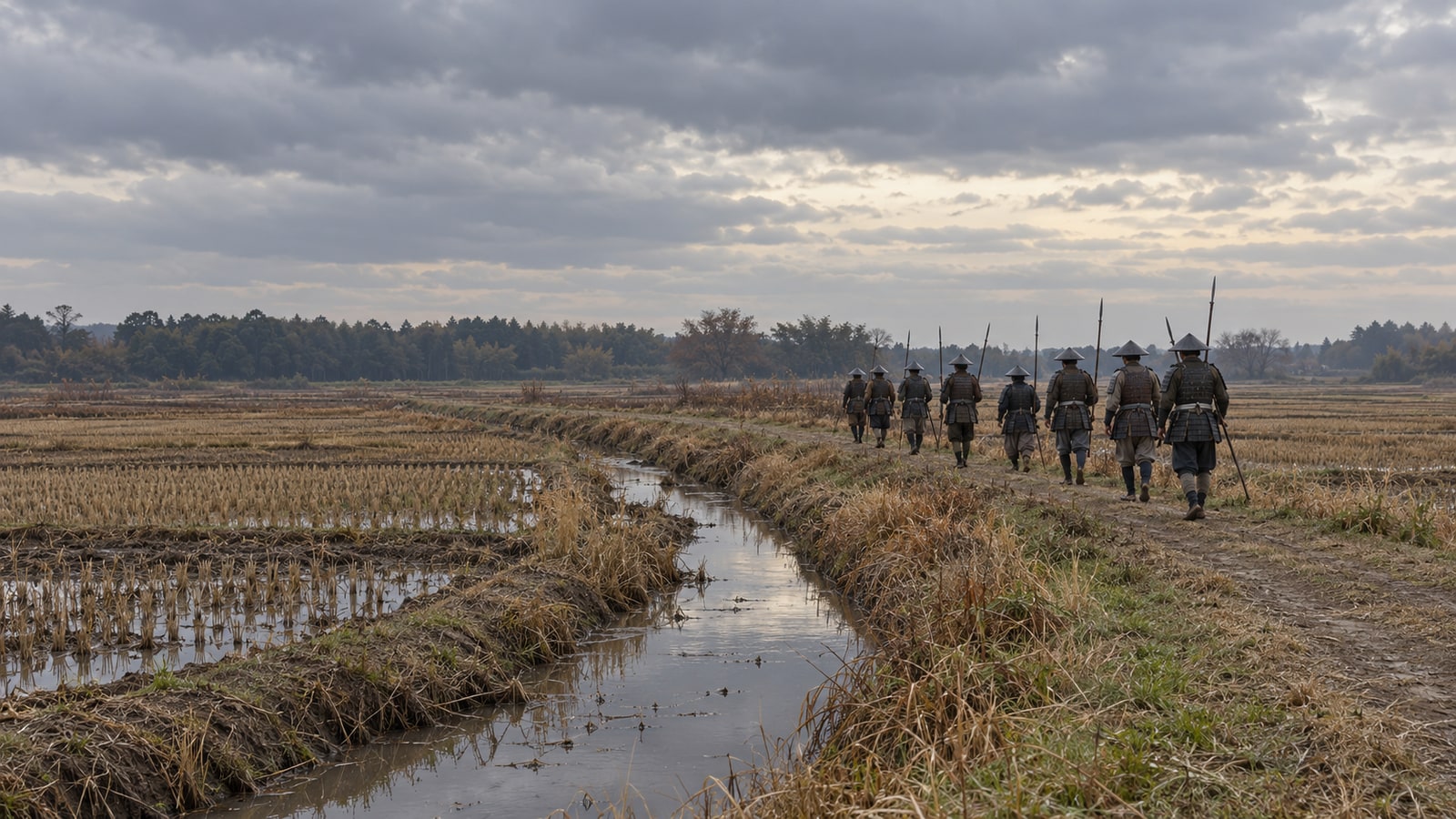 水路のある平坦な田野を進む無名の兵たちの想像図。江上・八院の布陣や進軍路を示すものではないAI生成画像